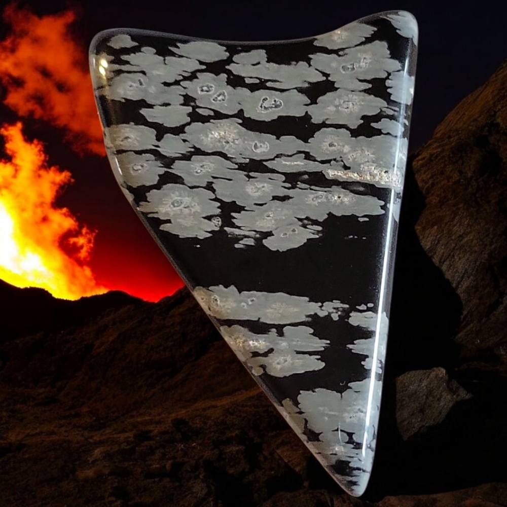 1 Natural Black Snow Flake Obsidian Gemstone Cabochon Triangle Tooth Shape